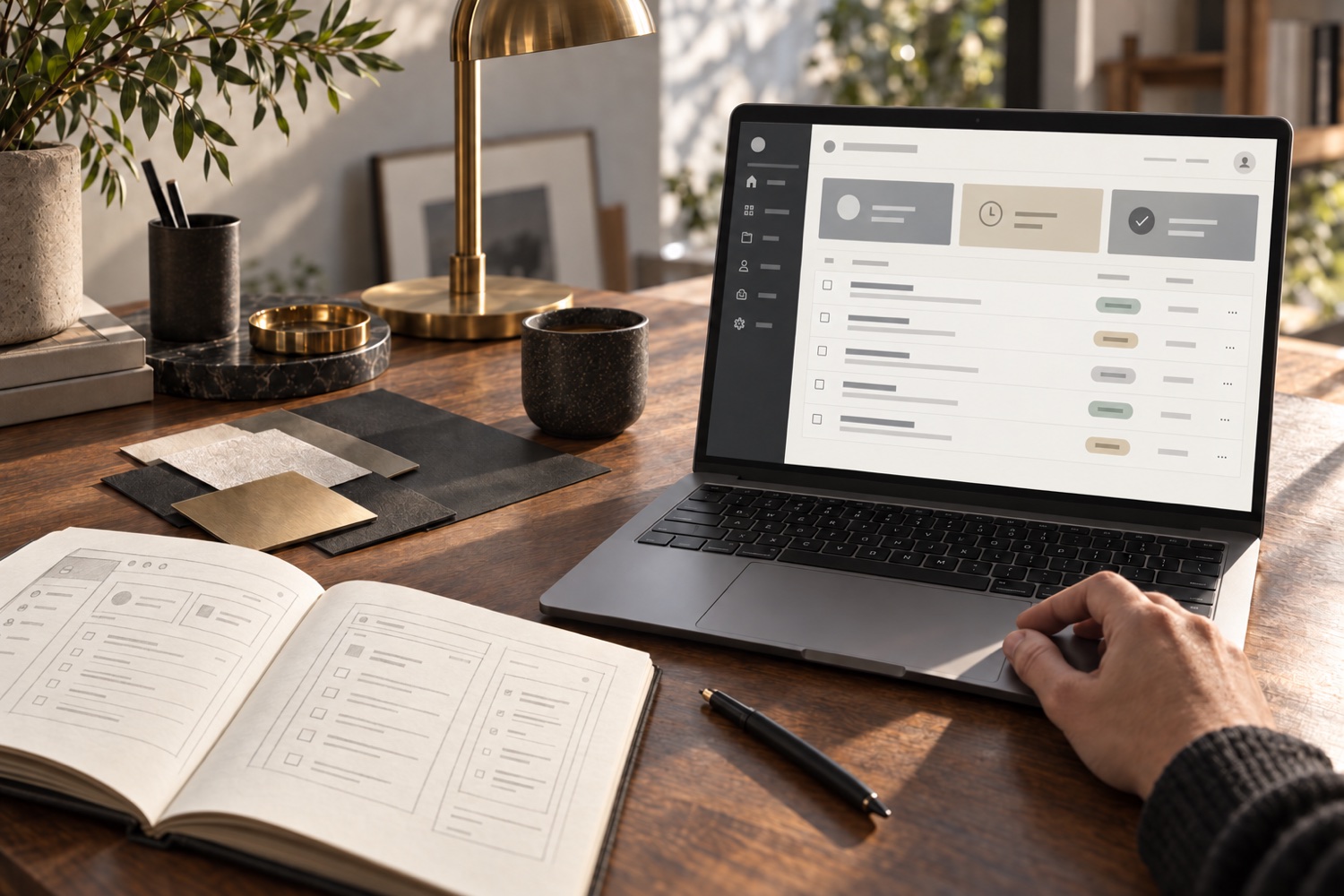 AI-generated illustration of a business-tool sketch beside a laptop with a service-request portal concept