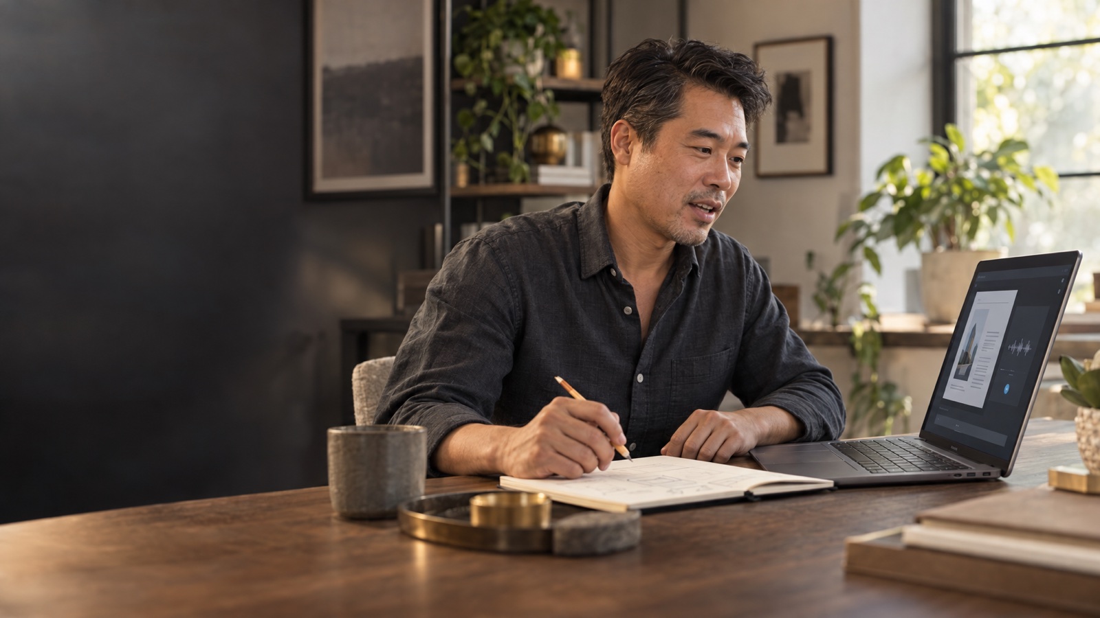 AI-generated illustration of a business owner talking through an assignment beside a laptop