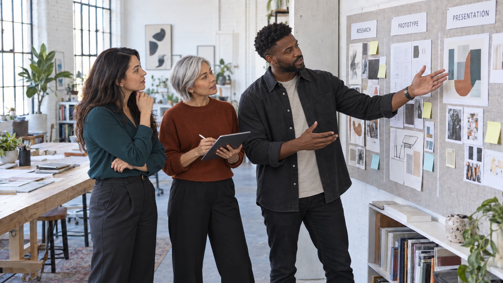 AI-generated illustration of three colleagues in a creative studio, with a male project lead presenting research, prototype, and presentation materials